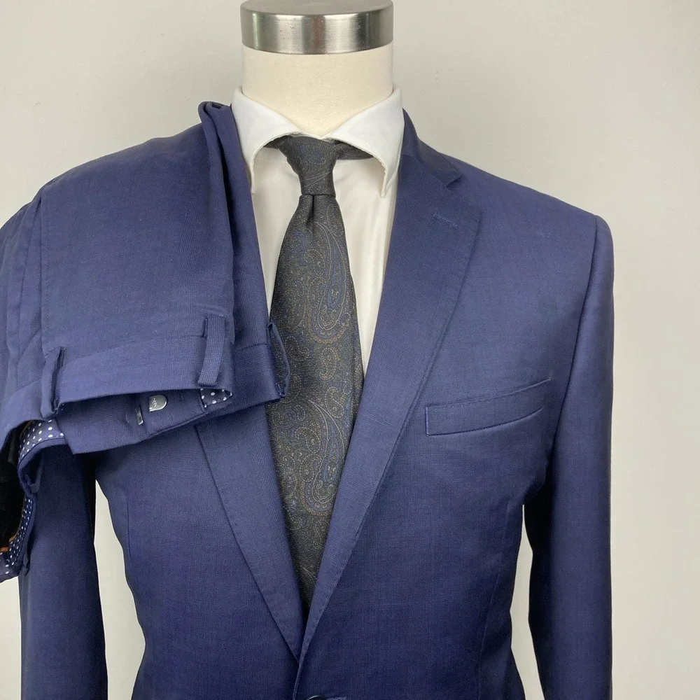 TALLIA Mens Wool 2-pc Suit 100%wool Size 42R 34x27.5 Navy Plaid Flat Front